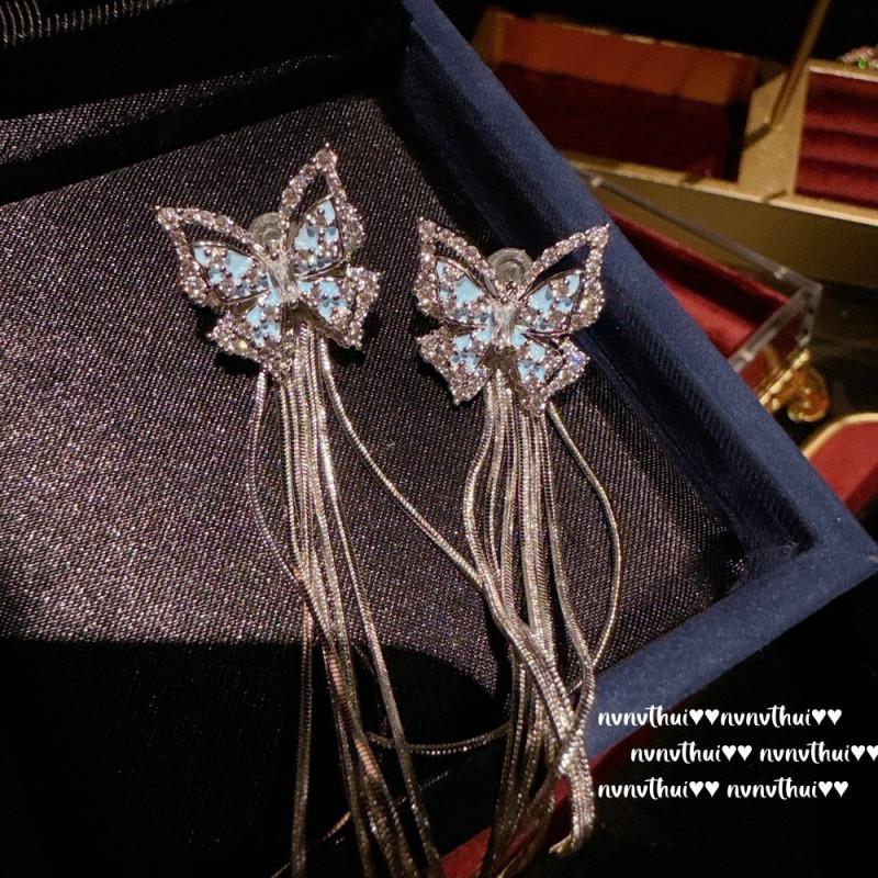 Handmade Butterfly Earrings With Cubic Zirconia Flowing Tassel Moonstone Crackled Glass Beads Vintage Chic Statement Jewelry