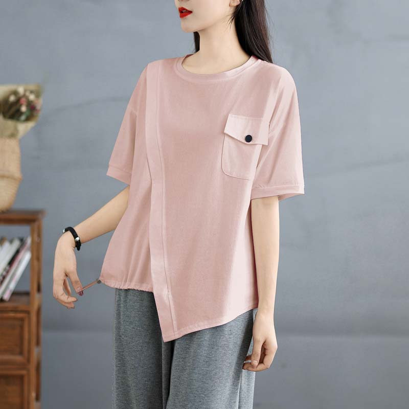 

DIMANAF 2025 Новая Летняя Женская Футболка Большого Размера с Круглым Вырезом, Коротким Рукавом, Свободного Кроя, Базовые Повседневные Топы, Асимметричная Футболка XL розовый