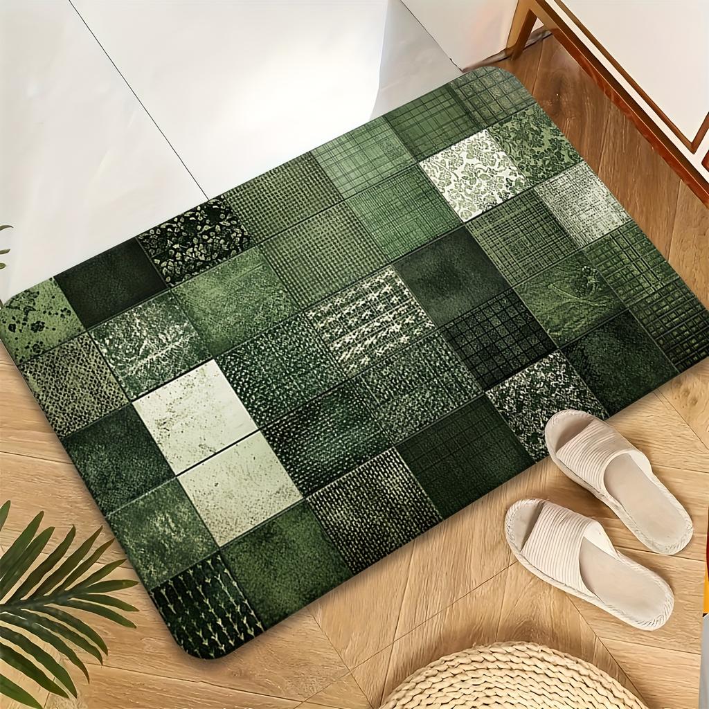 Vintage Green Plaid Floral Area Rug, Soft Non-Slip Machine Washable Floor Mat for Kitchen Laundry Room Hallway Home Decor