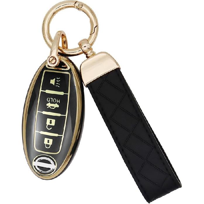 SUNCARACCL for Nissan Key Fob Cover with Leather Keychain, Soft TPU Full Protection Key Case Shell for Nissan Altima Maxima Rogue Armada Pathfinder