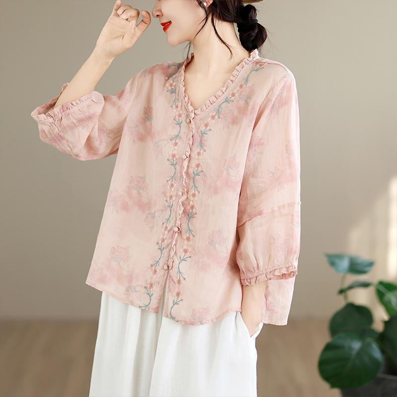 DIMANAF 2026 Summer New Plus Size Women Blouse Shirt Elegant Vintage Print Floral Lady Tops T-Shirt Cotton Clothing