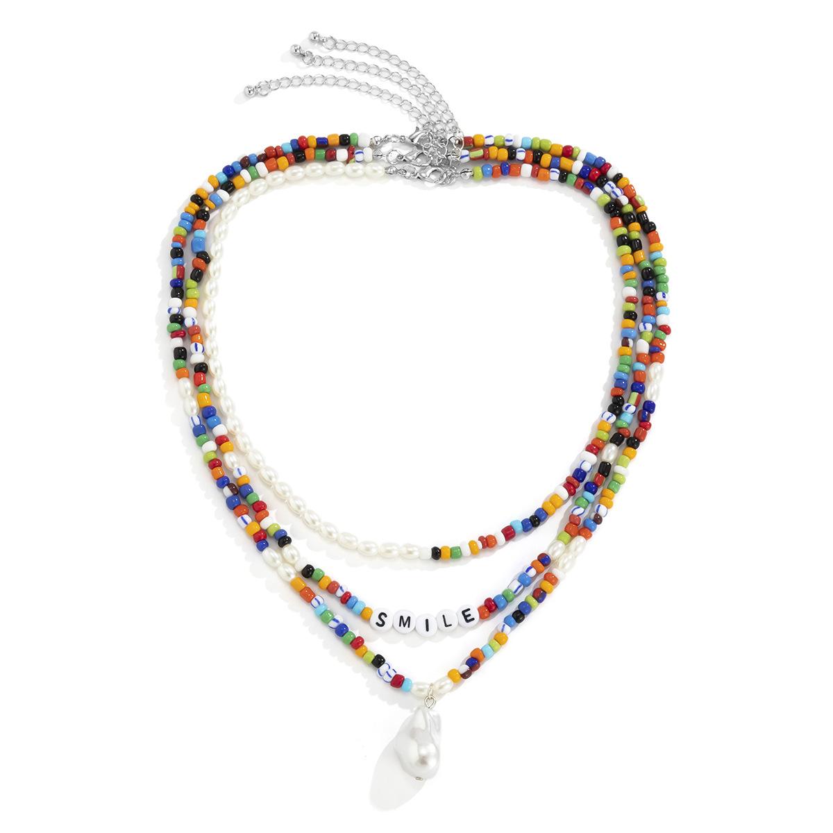 Bohemian Style Irregular Pearl Letter Multi-layer Combination Stacked Colorful Rice Bead Necklace for Men White K 02562