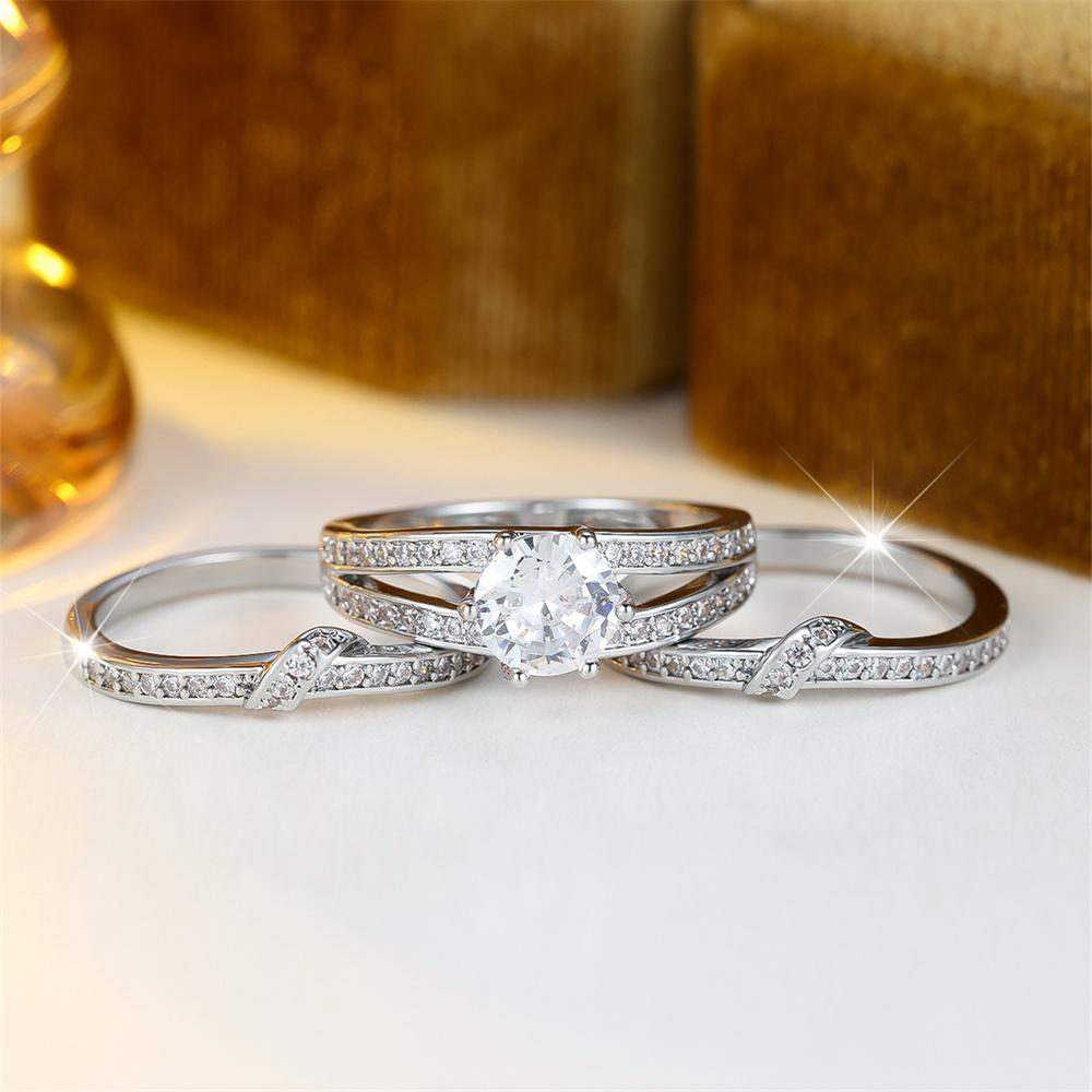Shining White Zircon Round Stone Rings Sets For Women Vintage Silver Color Engagement Ring Wedding Jewelry Bridal Versatile Gift