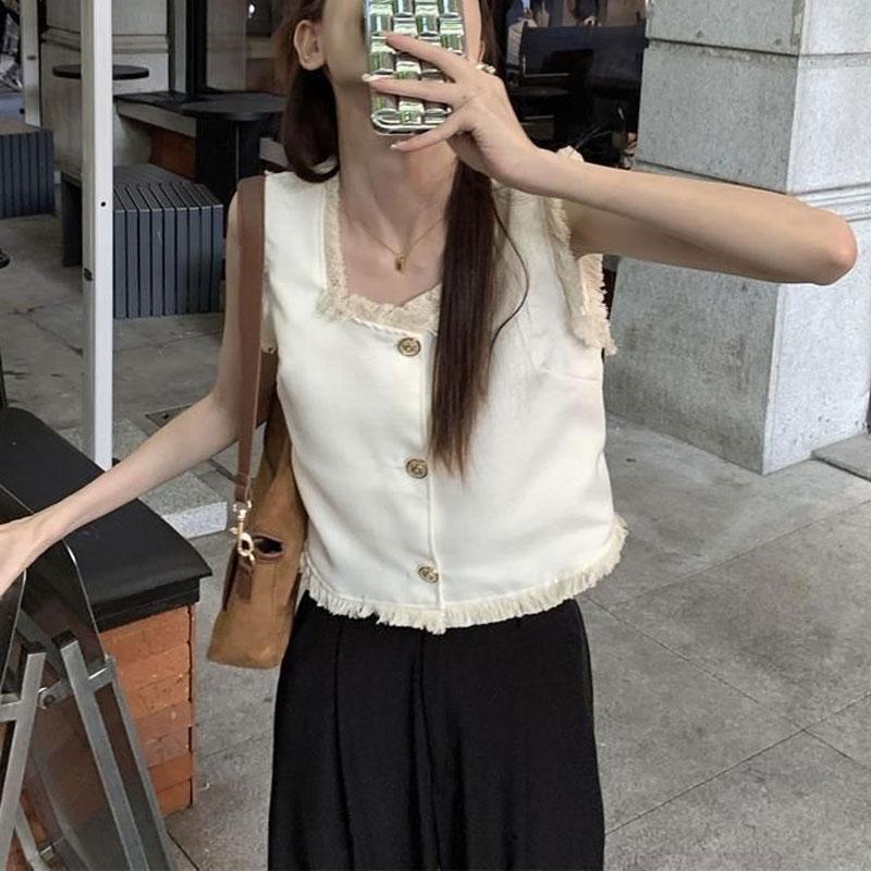 Summer French Style Sleeveless Tanks Stylish Tassel Spliced Female Clothing Basic Solid Color Elegant Square Collar Button Camis