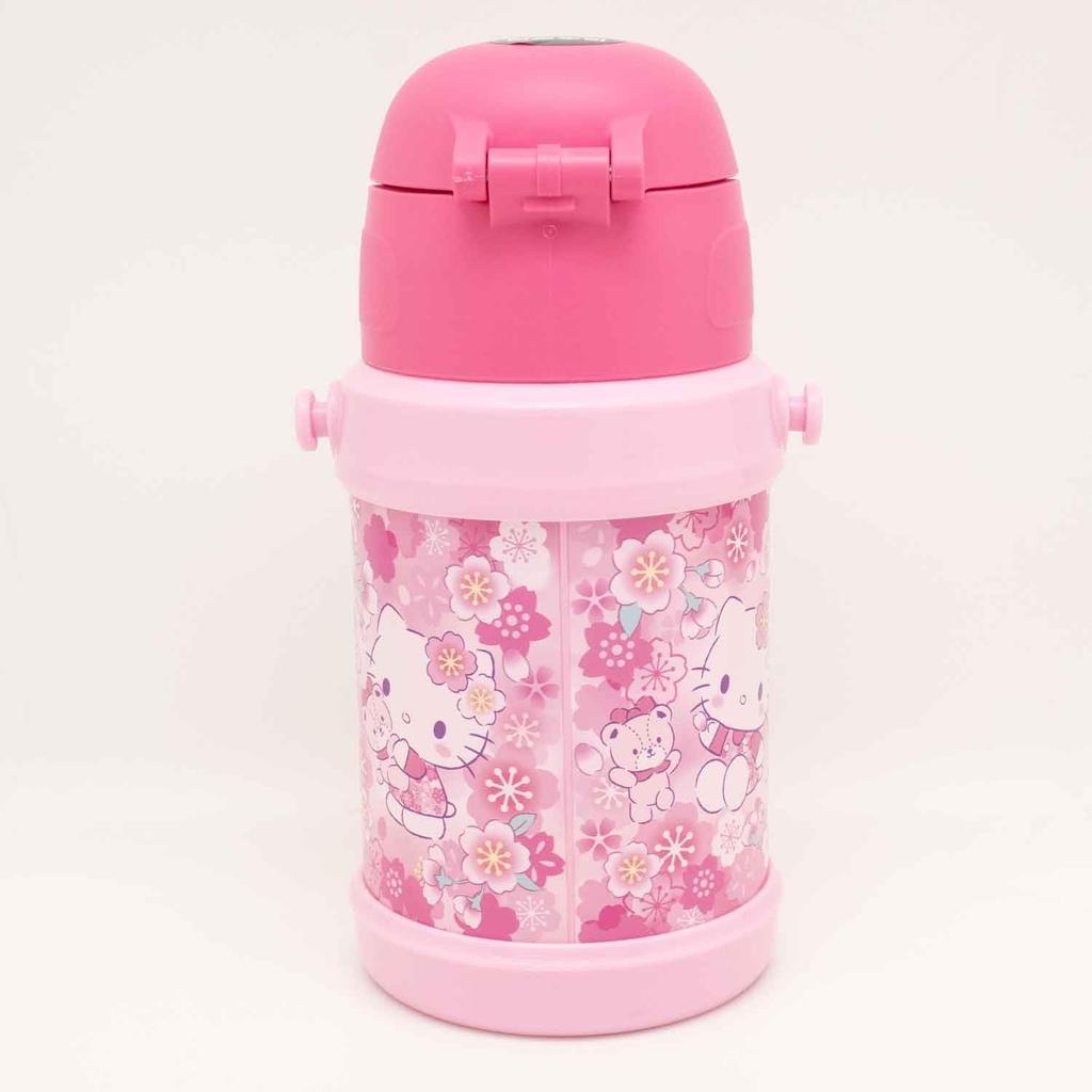 OSK Hello Kitty Sakura Stainless Steel Bottle with Straw, Pink [SBR-450S] with Shoulder Strap
