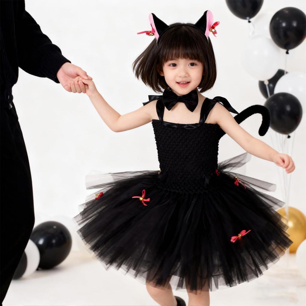 AOTYP Black Cat Cosplay Costume for Cute Halloween Costume with Perfect for and Black 140 Kids, Girls, Dress, Headband, Tail, Dance, Theater, Stage,