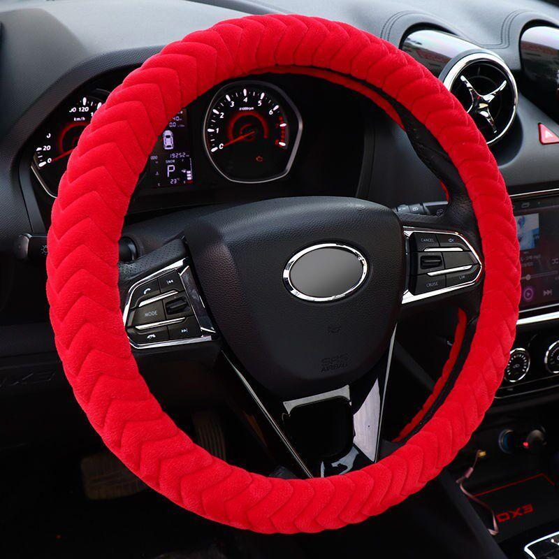 

New Winter Warm Car Steering Wheel Cover, Short Plush, Unisex, Personalized, Trendy, Non-Slip Plush Handle Cover Quilted Red