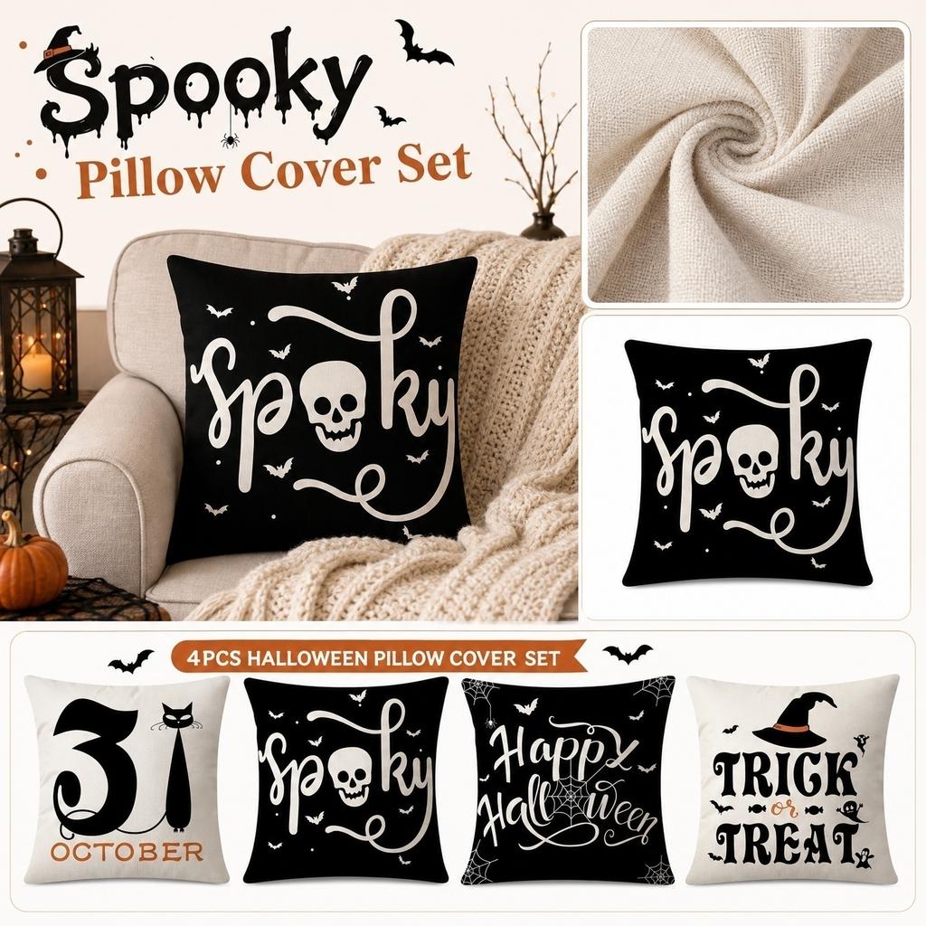 4PCS Halloween Pillow Covers Linen Printed Waist Cushion Covers Home Decorative Pillowcases for Sofa Bedroom Living Room