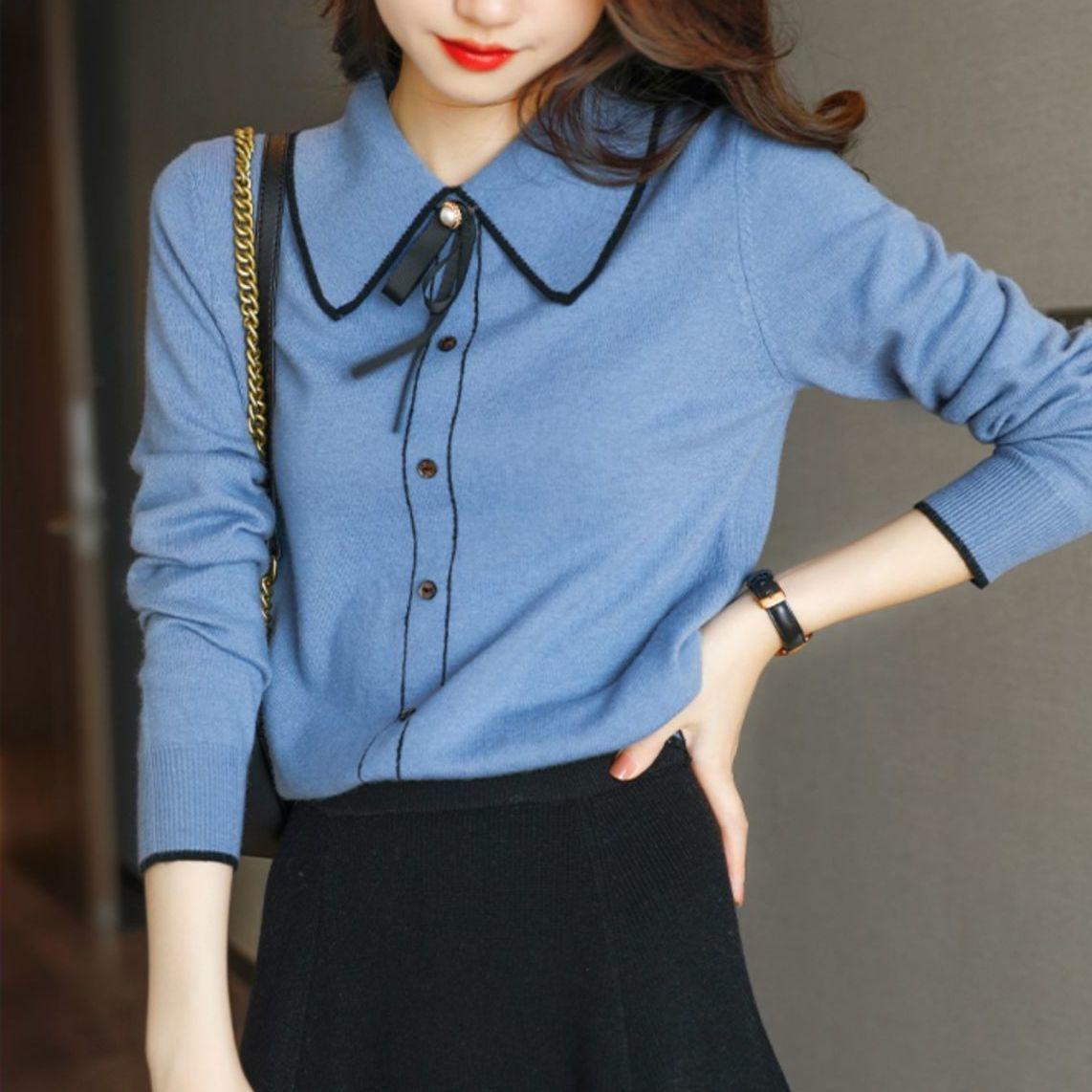 

Французский свитер-поло, вязаный свитер с воротником-куколкой на осень/зиму, свободная толстовка с капюшоном, рубашка с длинными рукавами L синий