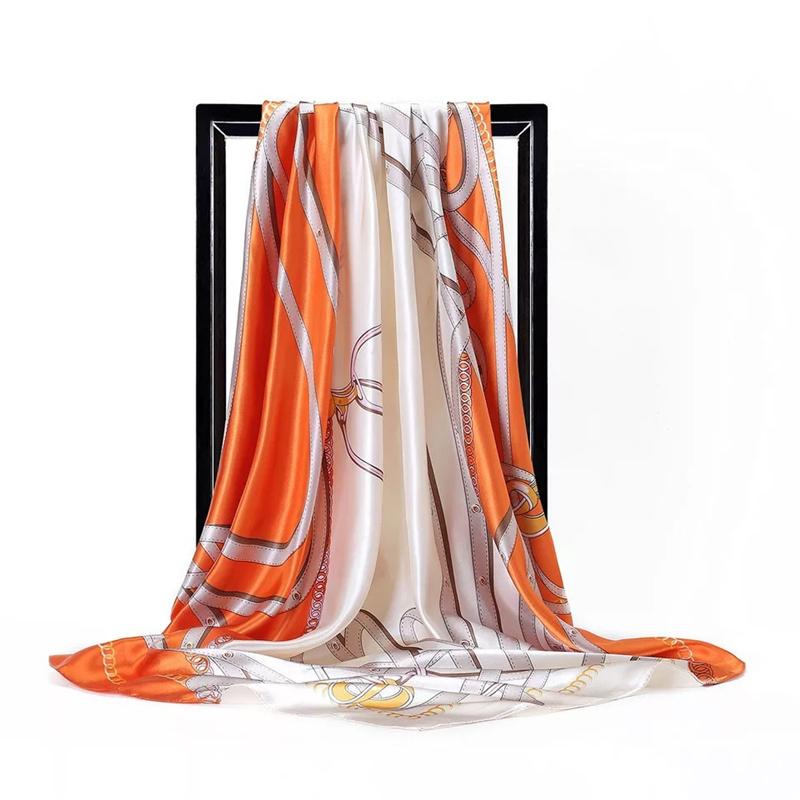 Scarves 90*90Cm Women Print Twil Hair Neck Square Silk Scarf Office Lady Shawl Bandana 90X90Cm Muslim Hijab Handkerchief Korean