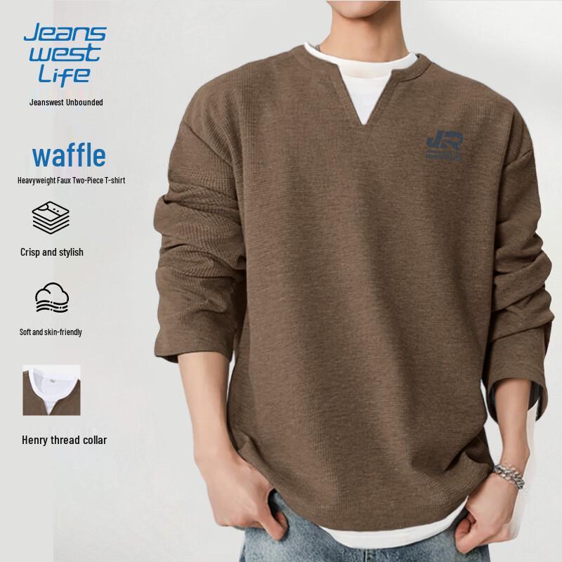 

JEANSWEST LIFE Men s Waffle Faux Two-Piece Long Sleeve T-Shirt 3XL