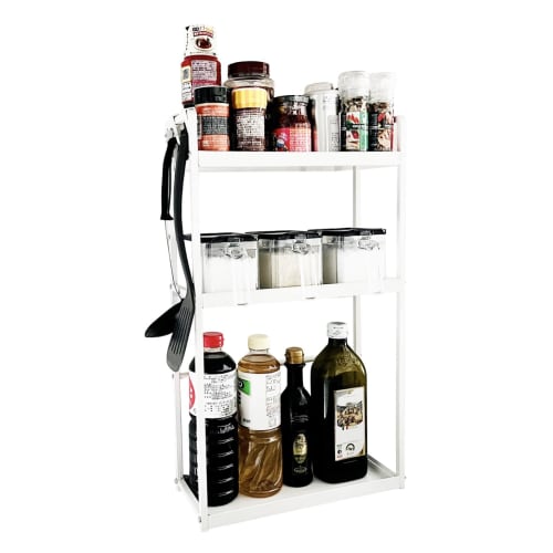 Lucky Thin 3-Tier Condiment Rack, Stovetop Side Rack, Approx. 14cm Deep x 35cm Wide x 61cm High, with Hooks, Large Capacity, Space-Saving Storage, Kit