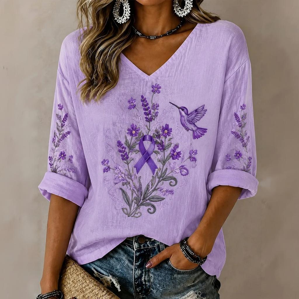 Women's 3D Print V-Neck Loose Fit Three-Quarter Sleeve T-Shirt