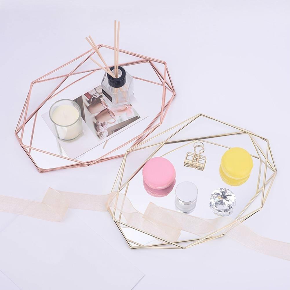 Three-dimensional Wrought Iron Storage Tray Nordic Minimalist Rose Gold Mirror Bottom Hexagonal Tray Home Decoration