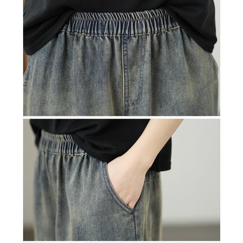 DIMANAF 2026 Été Nouveau Grande Taille Femmes Jeans Taille Élastique Imprimé Pantalon Long Lâche Décontracté Impression Denim Coton Pantalons Pantalon