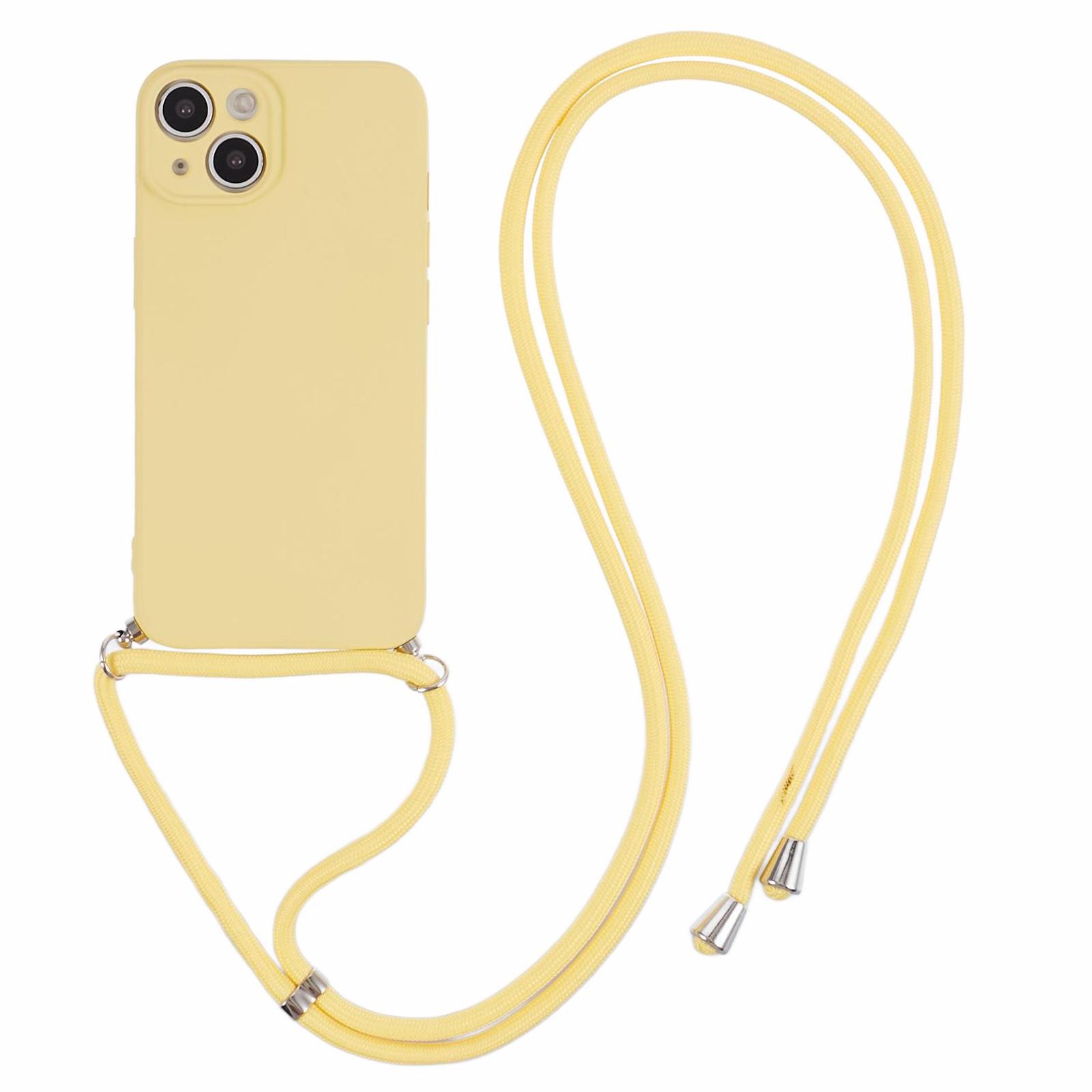 

For iPhone 14 Case Rubberized TPU Smartphone Back Cover with Long Lanyard Yellow