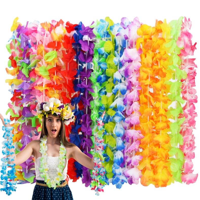 

Hawaiian Silk Flower Necklace & Colorful Grass Skirt for Beach Party Decorations 12 pieces per vacuum pack