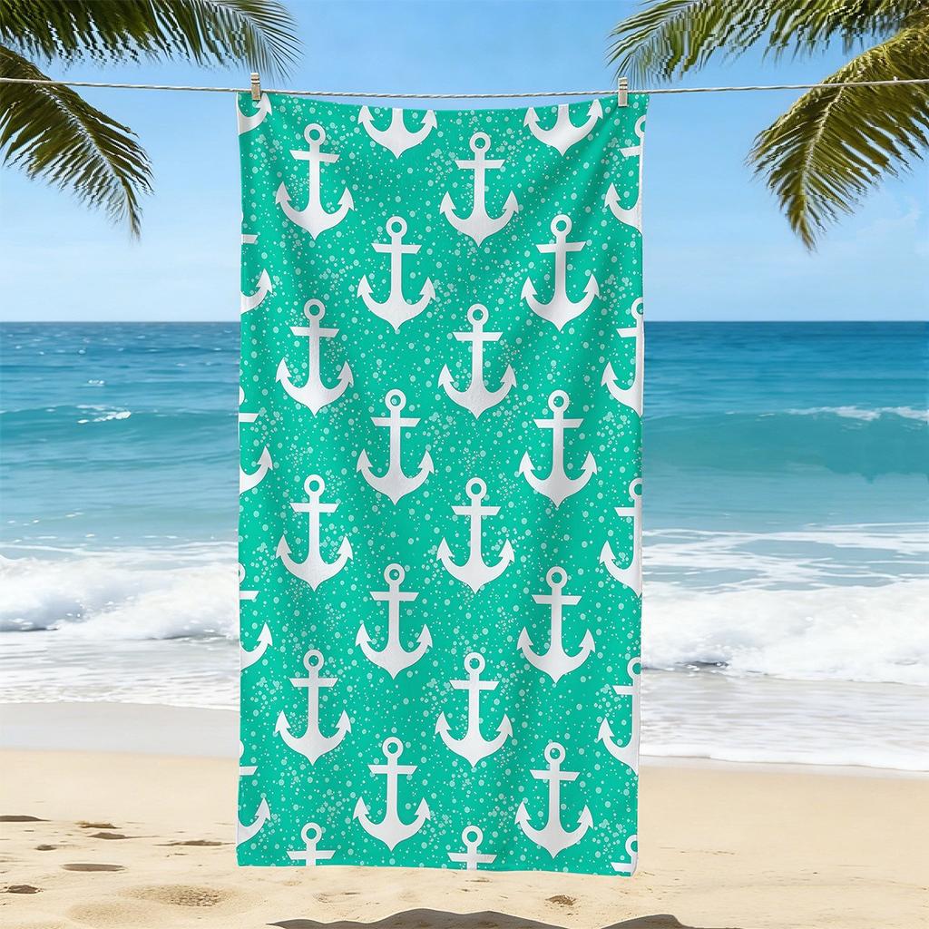 Summer Nautical Anchor Beach Towel Modern Striped Design Oversized Towel Quick Dry Sandproof Absorbent Lightweight Beach Blanket