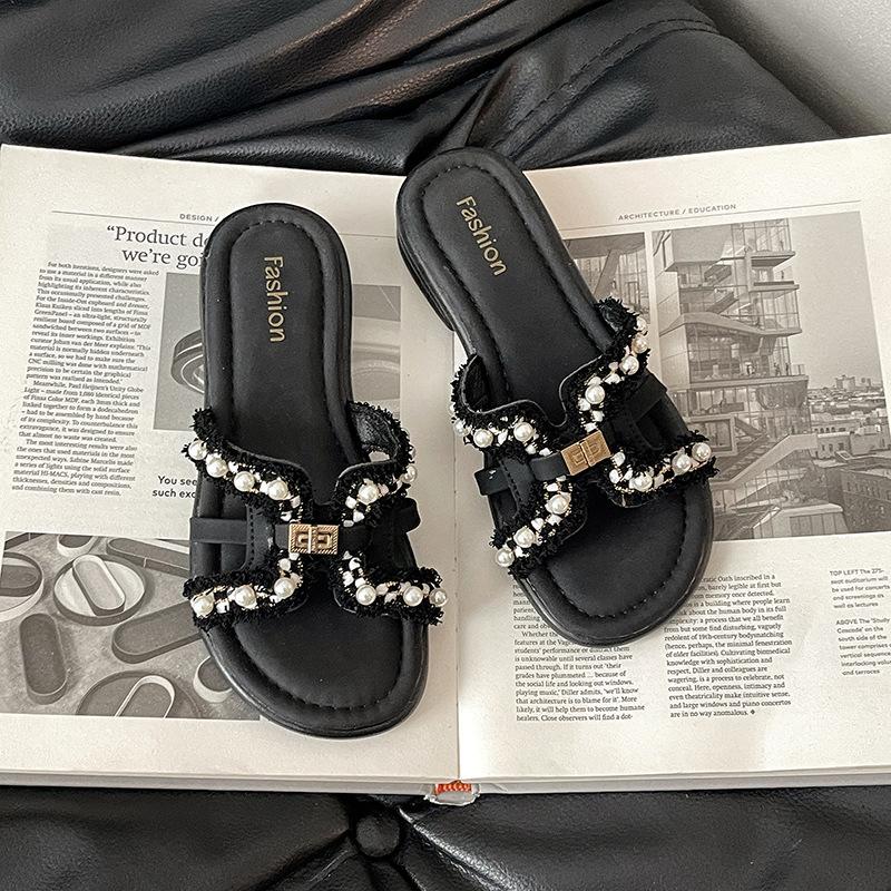 

Fashion retro small fragrant pearl one-word drag women wear 2025 summer new French fairy wind beach shoes 35 чёрный