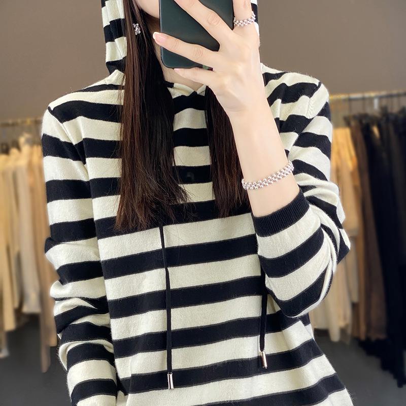 Women S Striped Hooded Sweater Loose Casual Fit Pullover