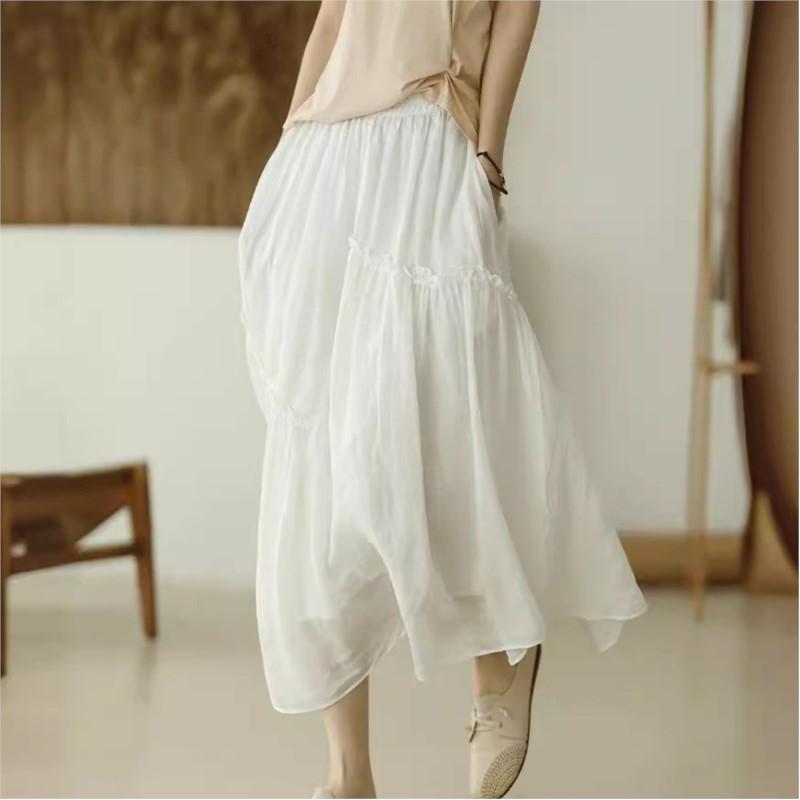 Johnature Women Patchwork Vintage Skirts Elastic Waist Solid Color High Quality Cloths Soft Women A-Line Skirts