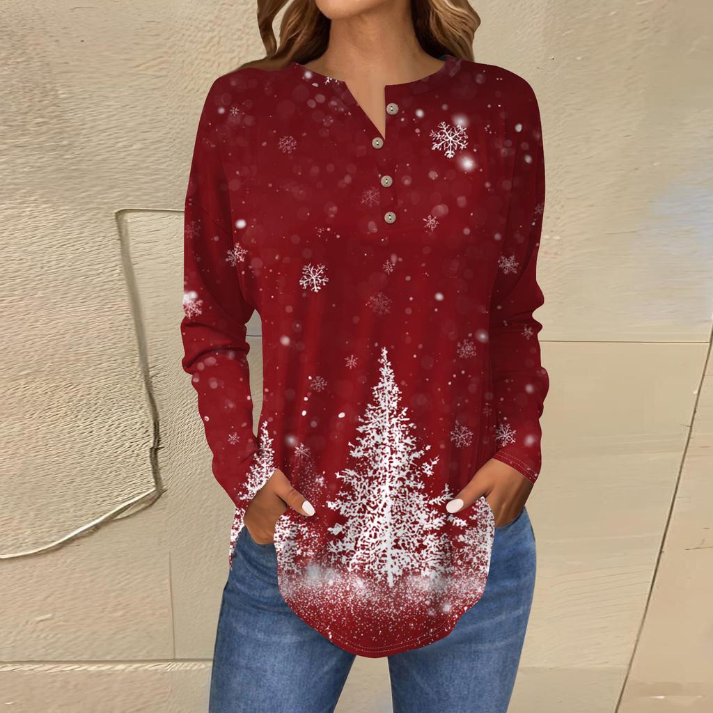 Women's Fashionable Loose-Fit Button-Down Collar Christmas Print Long-Sleeved Top