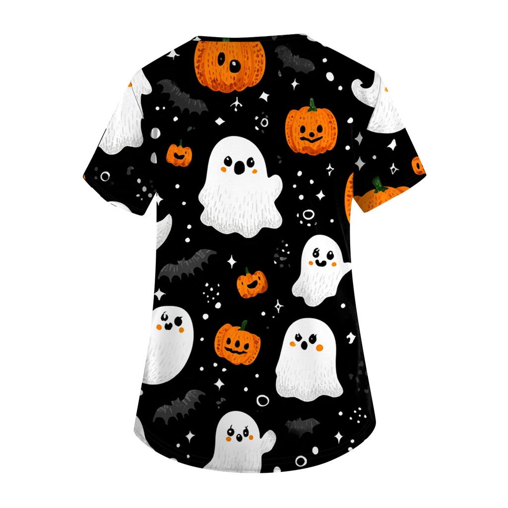 Women's Fashion Short Sleeve Halloween Printed V-Neck Pocket Workwear Tops
