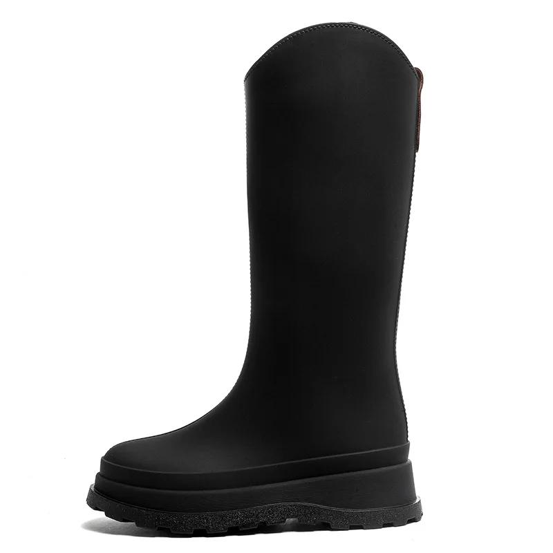 Womens PVC High Shaft Cotton Rain Boots British Style Chunky Sole Waterproof Outdoor Durable Shoes Solid Color Non-Slip Footwear