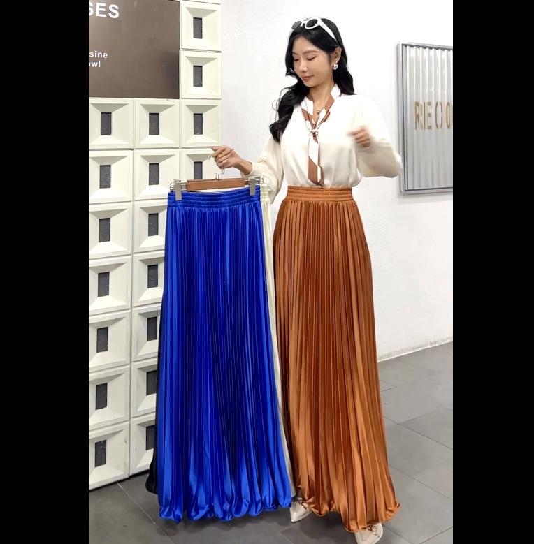 Women s Elegant Snowflake Satin Pleated A-Line Long Skirt One Size