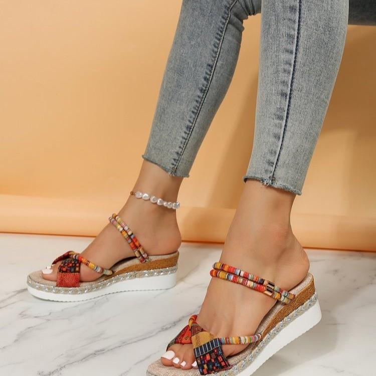 Thick-soled Cool Slippers Summer Large-size Women's Shoes One-character Wedge Sandals Tide