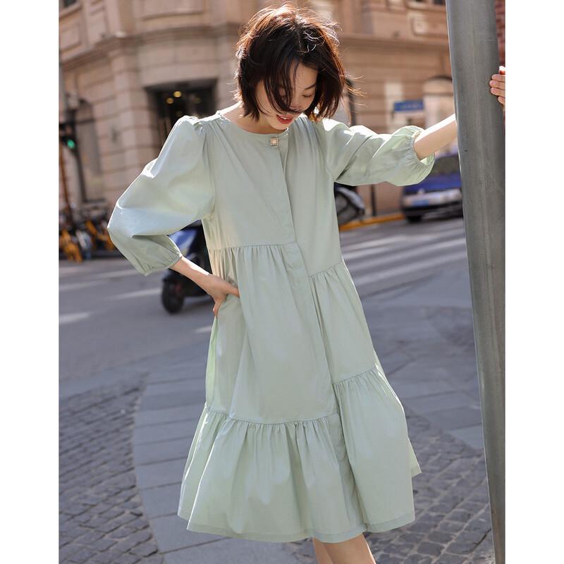 Women's Summer Puff Sleeve Babydoll Midi Dress with Asymmetric Tie