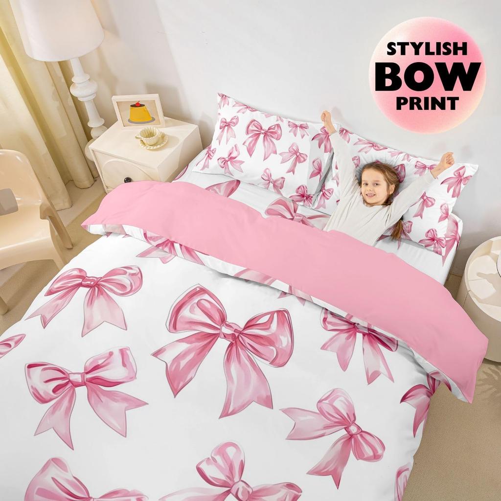 Pink Bow Duvet Cover Set Single Size With 1 Pillowcase Dreamy Princess Style Bedding Set For Kids Girls Teens