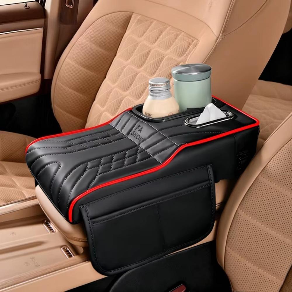 

PU Leather Center Console Pad 2 Cup Holder Arm Rest Heightening Pillow Car Interior чорний/червоний