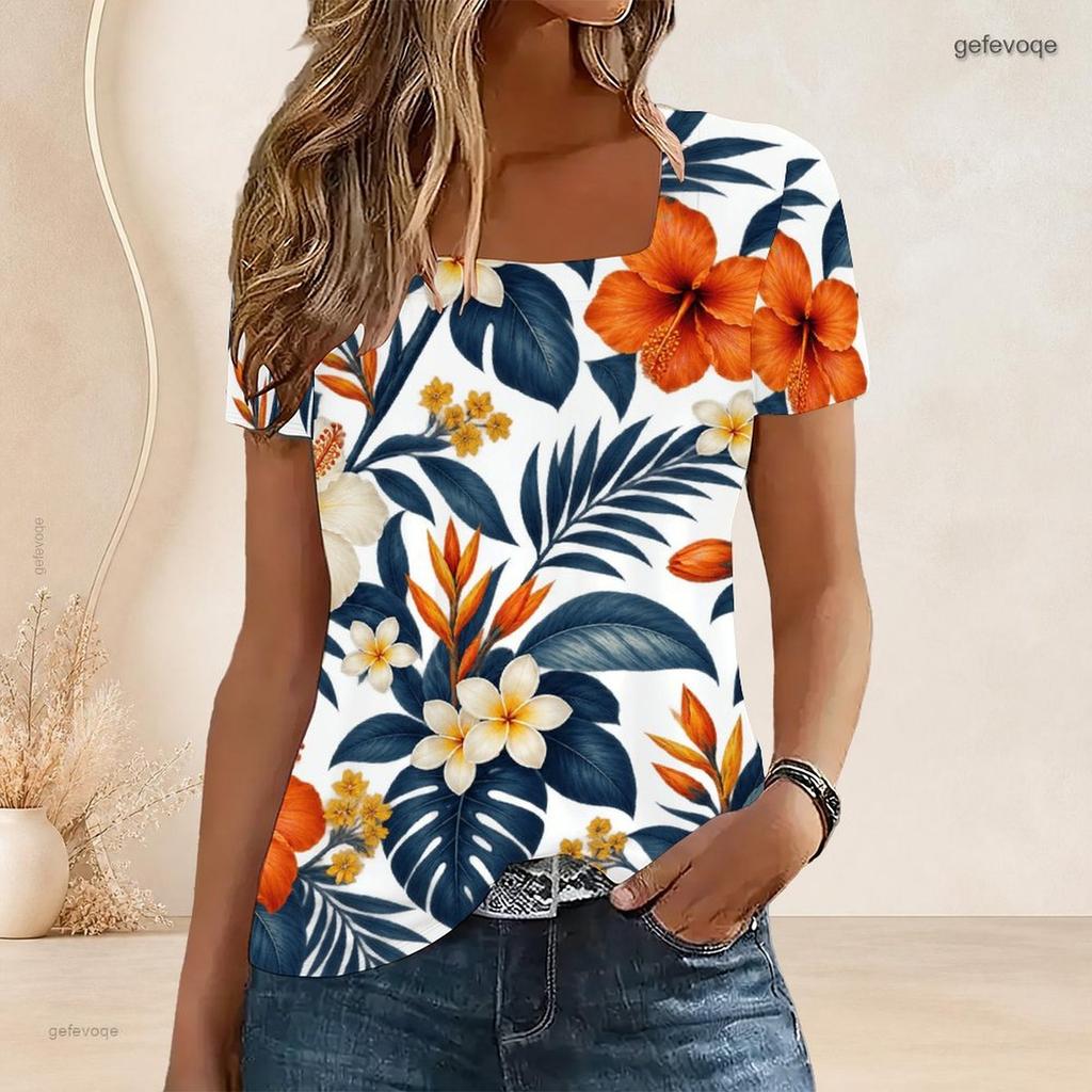 Women Plus Size U Neck Short Sleeve White Black Tropical Leaf Printed T Shirt