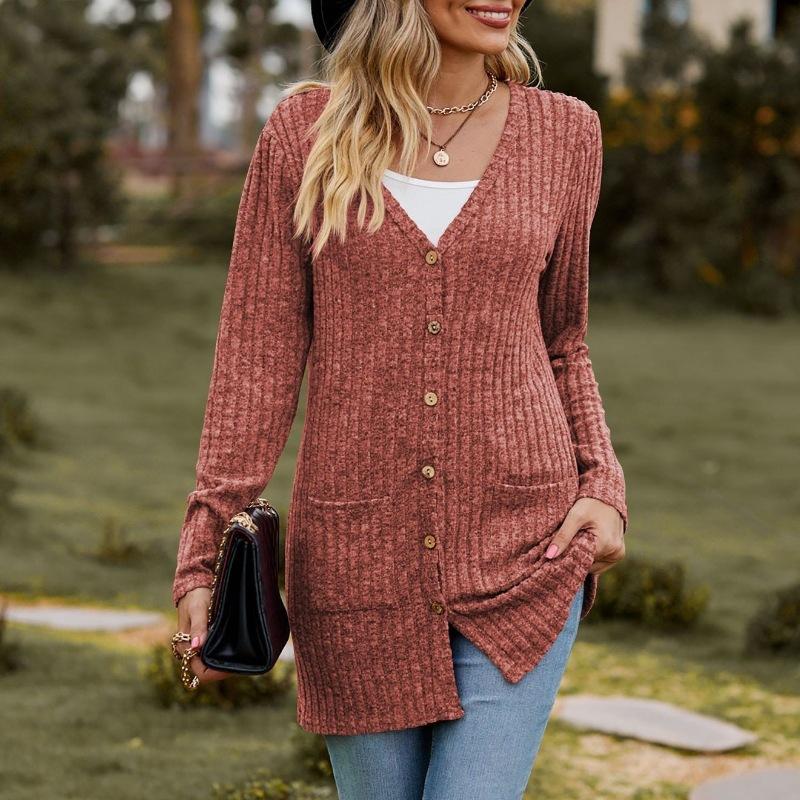 Women's Solid Color Brushed Striped Cardigan with Buttoned Jacket Design