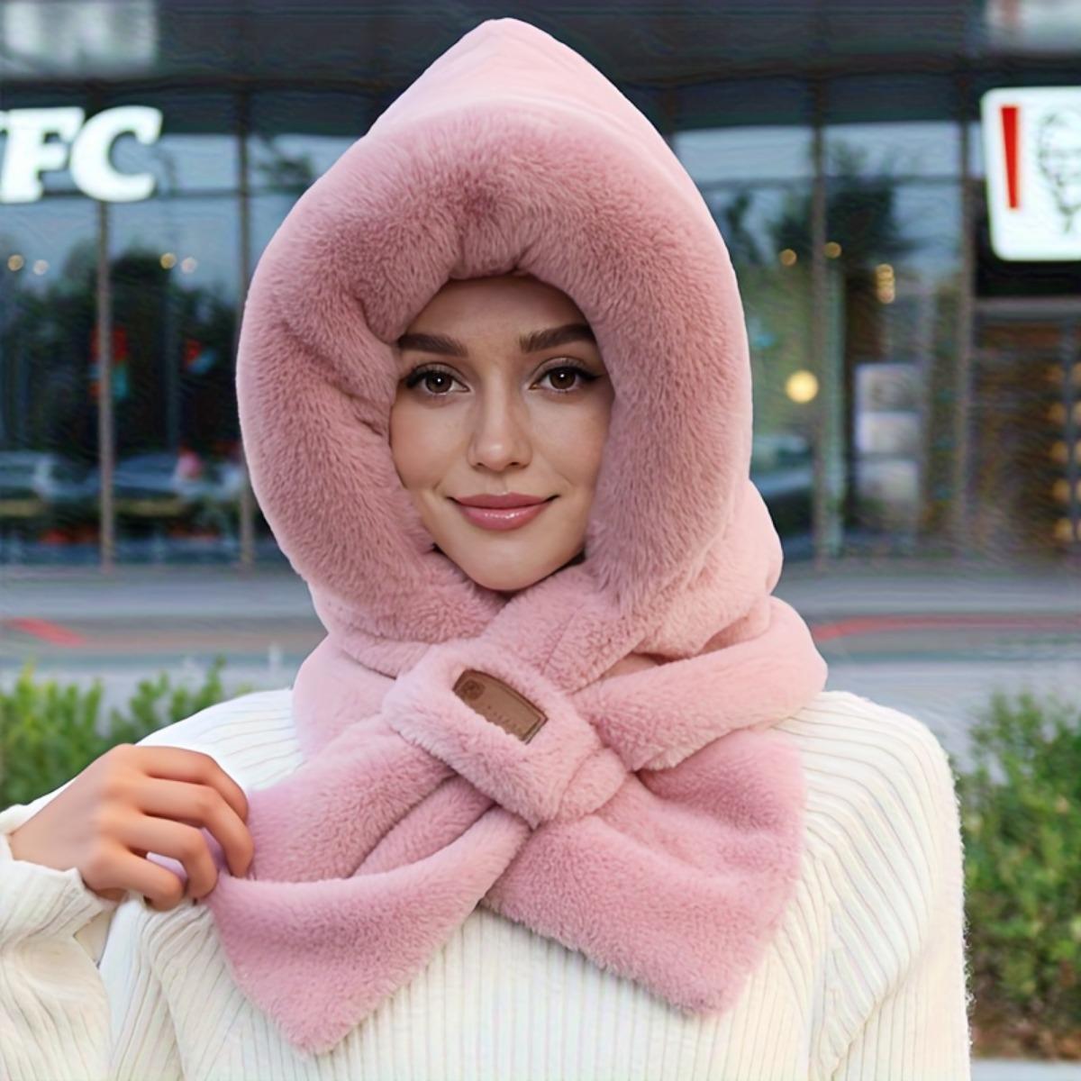 

Зимний теплый шарф и женская шапка интегрированные, с мягкой и толстой тепловой подкладкой для защиты ушей, вязаная шапка в полоску, теплая шапка для шеи розовый