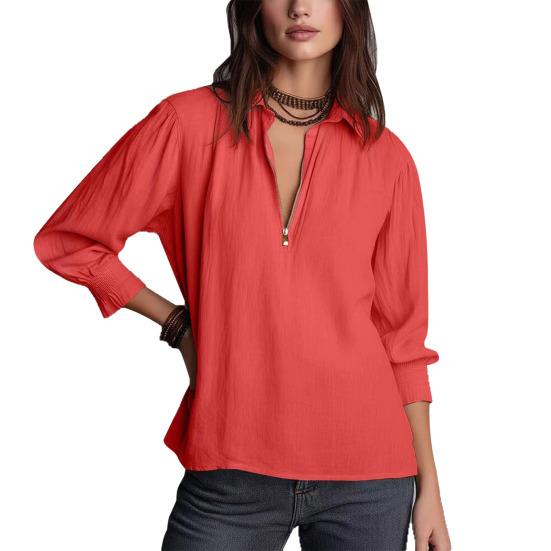 

Жіноча сорочка на блискавці ретро з довгими рукавами-ліхтариками, пуловер, повсякденна, вільний крій, сорочка з коміром для роботи, вечірки, відпустки XL червоний