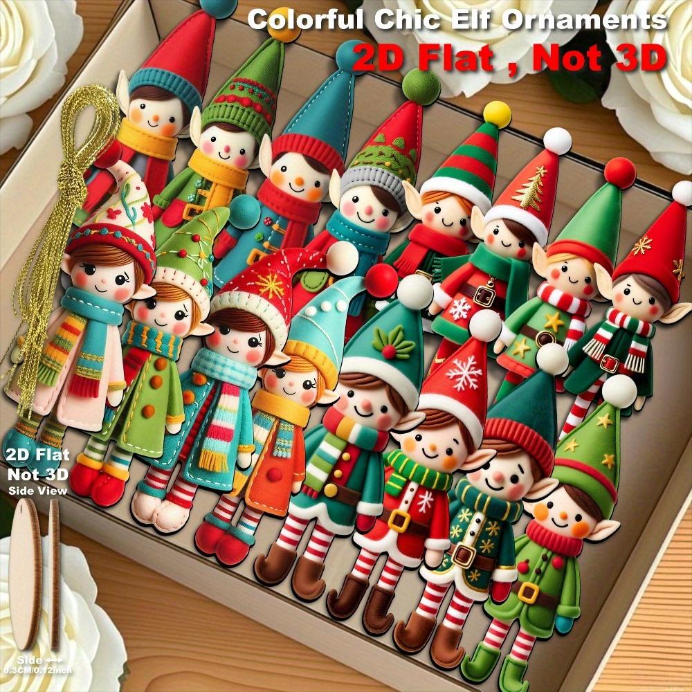 

2D Flat 16pcs Set Recycled Wood Elf Figurines-Elf Ornaments with Expressive Faces & Poses,New Year,Thanksgiving Tree Decorations