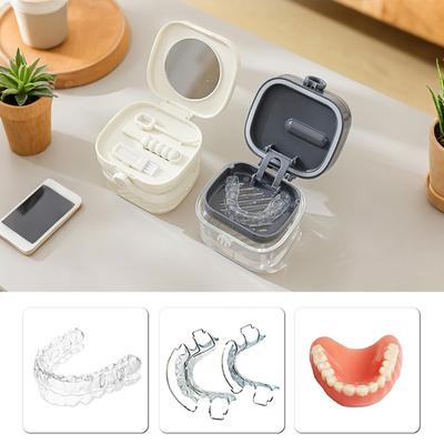 Přenosná krabička na chránič zubů, pouzdro na retainer, ústní hygiena, umělý chrup, úložný box na zubní protézu se sítkovým košíkem, nádoba na namáčení zubní protézy