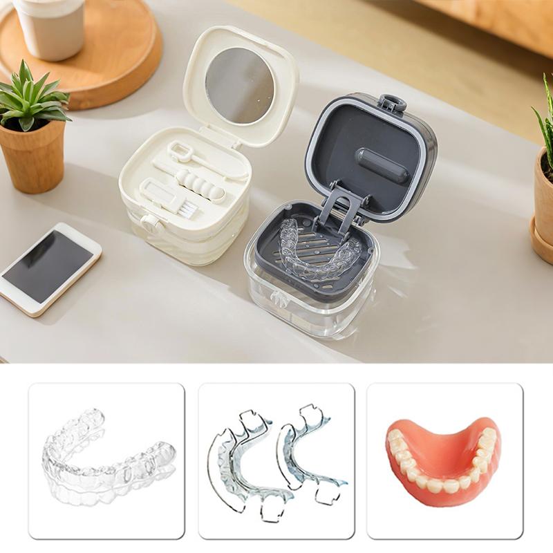 Přenosná krabička na chránič zubů, pouzdro na retainer, ústní hygiena, umělý chrup, úložný box na zubní protézu se sítkovým košíkem, nádoba na namáčení zubní protézy