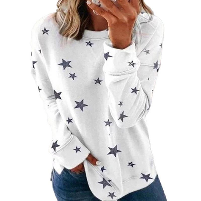 New European American Women's Loose Long-sleeved Star T-shirt Top Casual Versatile Print Pullover Sweatshirt