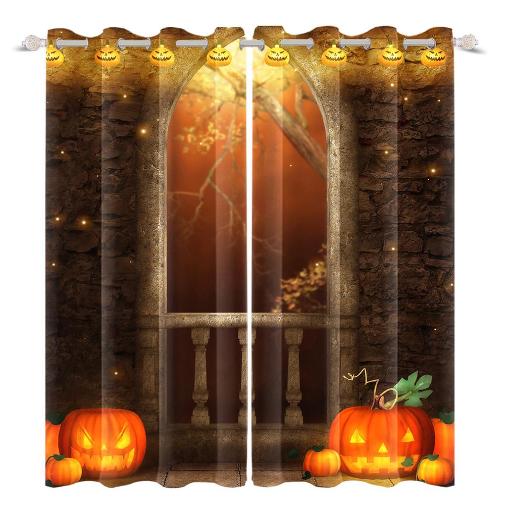 2pcs/set Horror Halloween Window Curtain Night Gate Skeleton Home Bedroom Living Room Decor Blackout Polyester Fabric Curtains