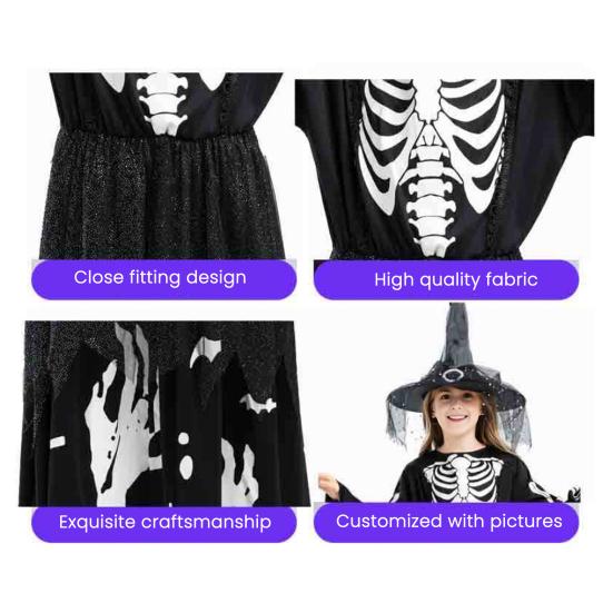 Glow in The Dark Witch Costume Halloween Cosplay Outfit for Kids Unisex Party Performance Robe for Halloween Parties And Festivals