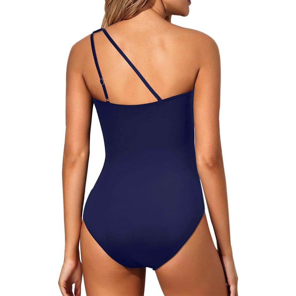 2025 European & American One-Shoulder Solid Color Cutout One-Piece Conservative Swimsuit