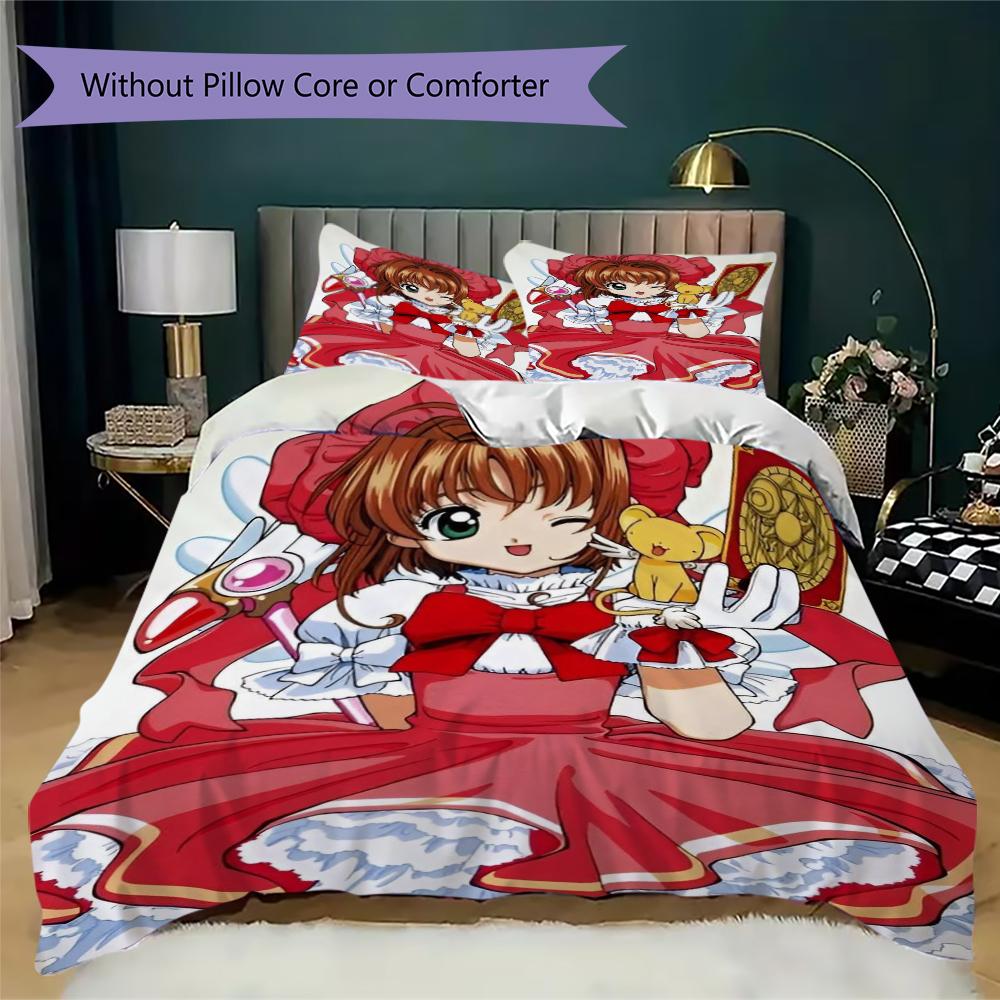 Cardcaptor Sakura Pattern Bedding uilt Set uilt Cover Pillowcase Home Decoration Birthday Gift (1 * duvet cover + 2 * pillowcase without core)