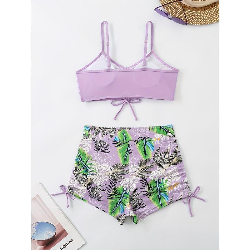 Tropical Leaf Print V Neck High Waist Bikini Sets, Drawstring Spaghetti Straps Boxer Short Bottoms Two Pieces Swimsuit, Women's Swimwear & Clothing
