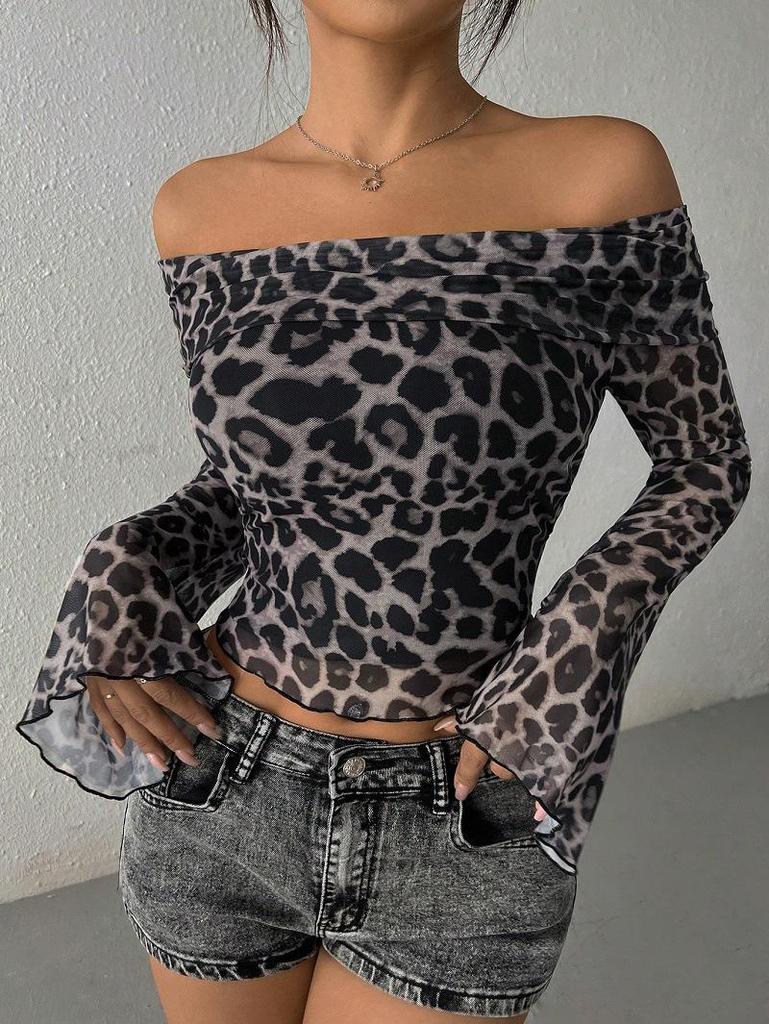 European and American Off-Shoulder Leopard Print Long-Sleeve T-Shirt for Women