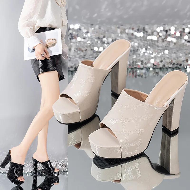 Fashion New Women's Sandals Summer Qulaity Chunky High Heels Platform Black Shoes Dress Party Lady Designer Women Slippers
