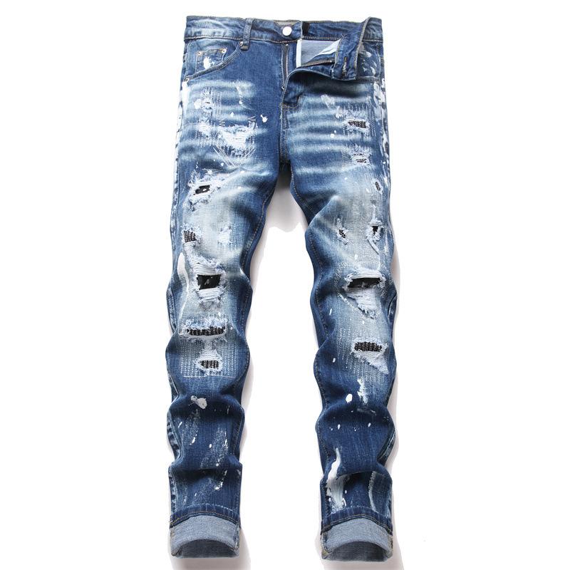 

Fashion High Quality Designer Men Jean Retro Blue Stretch Slim Fit Hole Ripped Jeans Men Denim Pants 29 синій