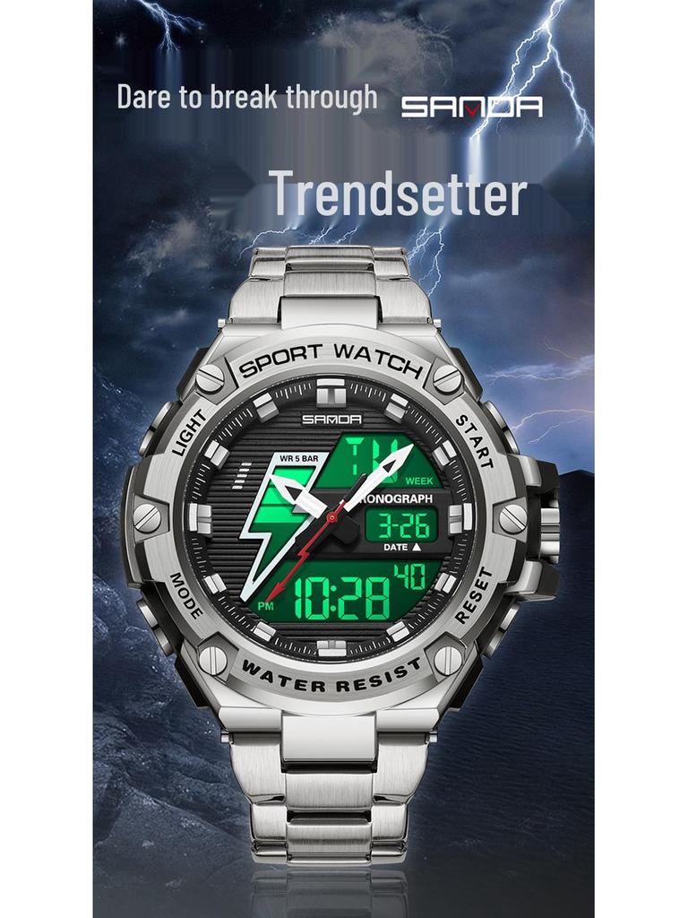Sanda Men's Multifunctional Shockproof Waterproof Sport Watch with Alarm Clock and Black Technology.